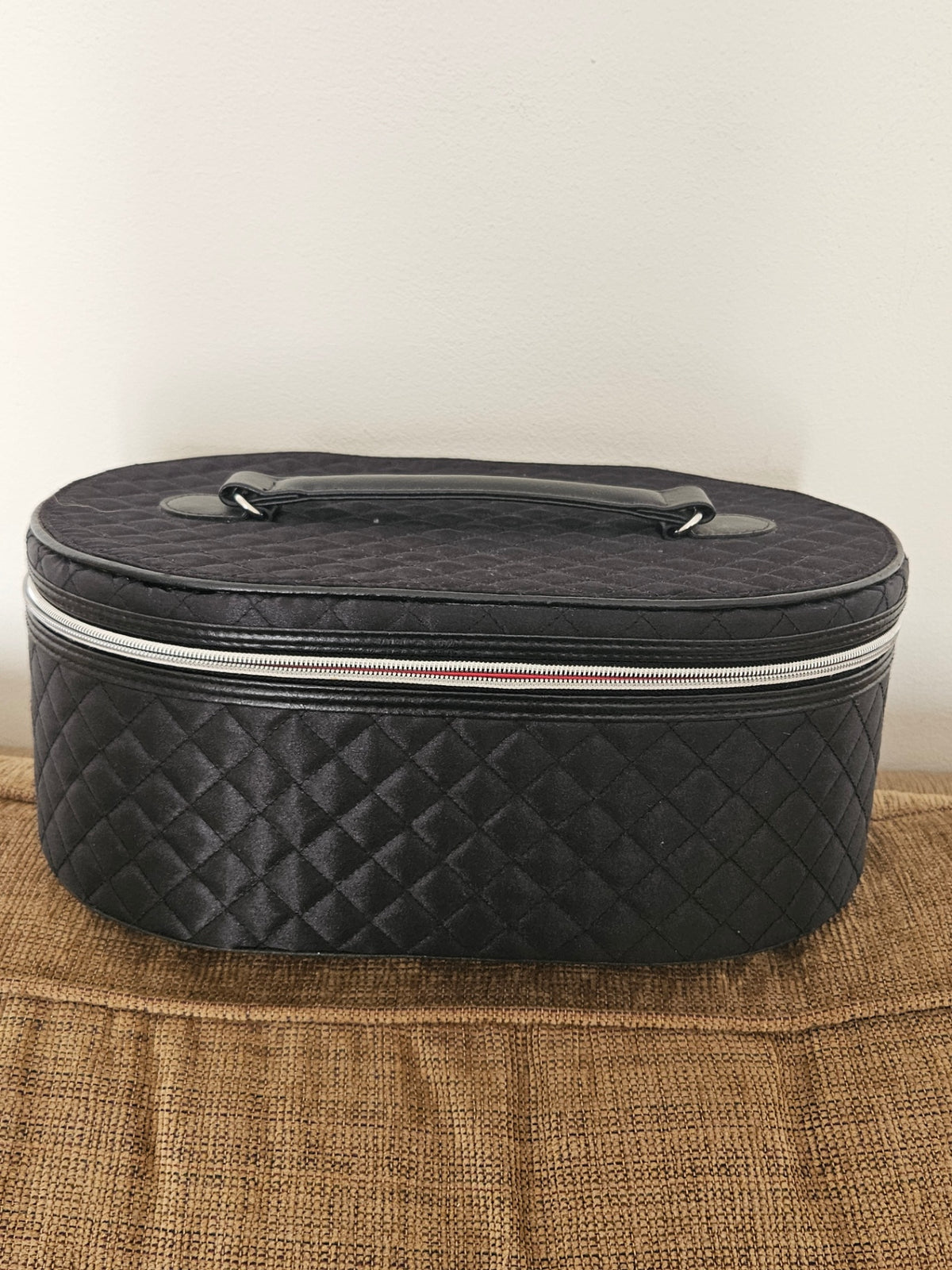Black Lancome makeup/storage box with handle. Approx 14 inch 