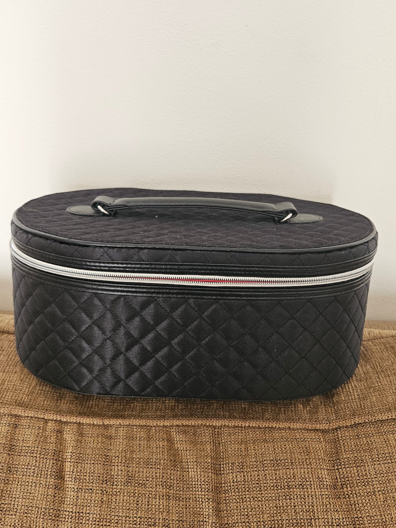 Black Lancome makeup/storage box with handle. Approx 14 inch 