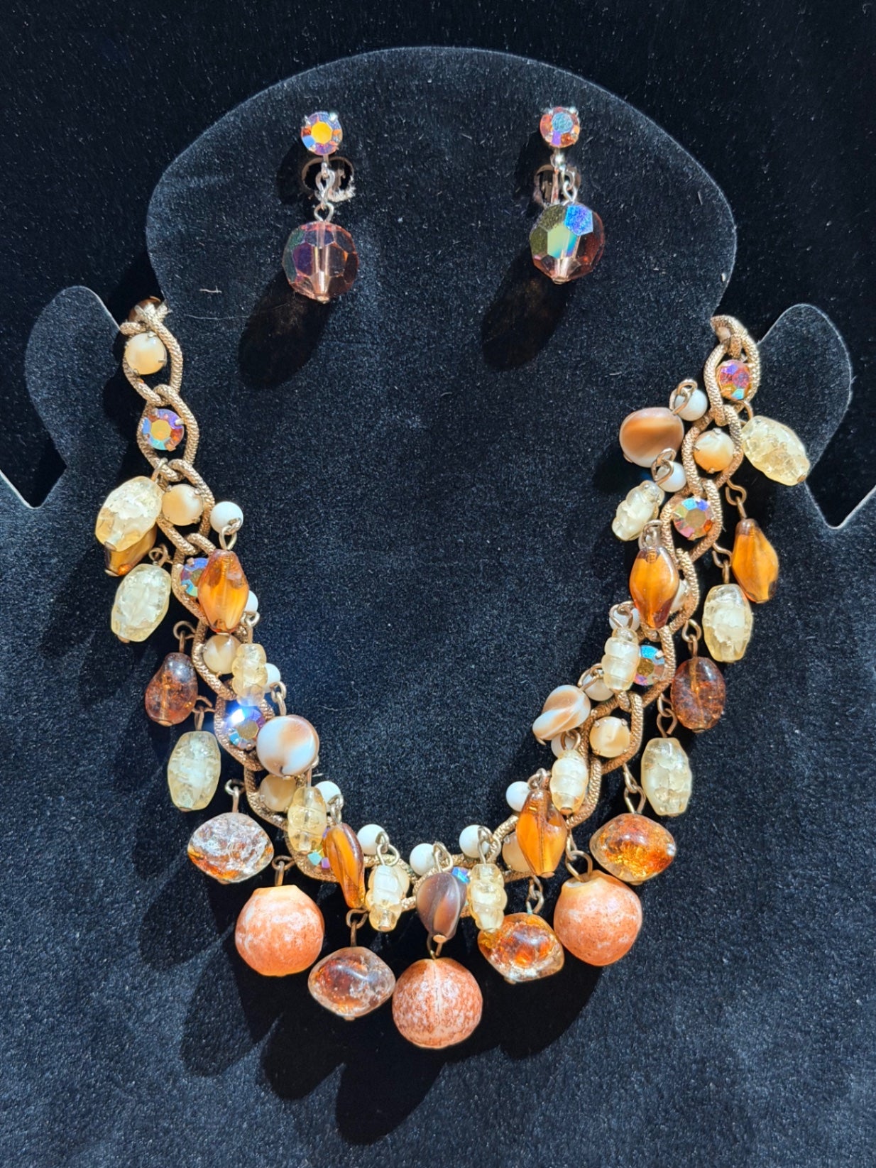 Amber AB necklace & clip earrings set