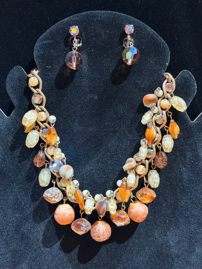 Amber AB necklace & clip earrings set