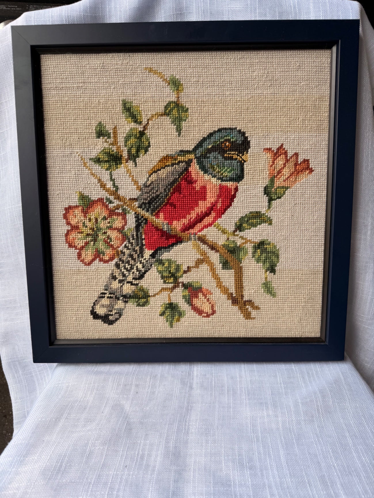 Vintage Framed Needlepoint Trogon Bird | 1970s Hand-Stitched Floral Textile Art