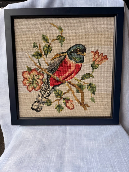 Vintage Framed Needlepoint Trogon Bird | 1970s Hand-Stitched Floral Textile Art