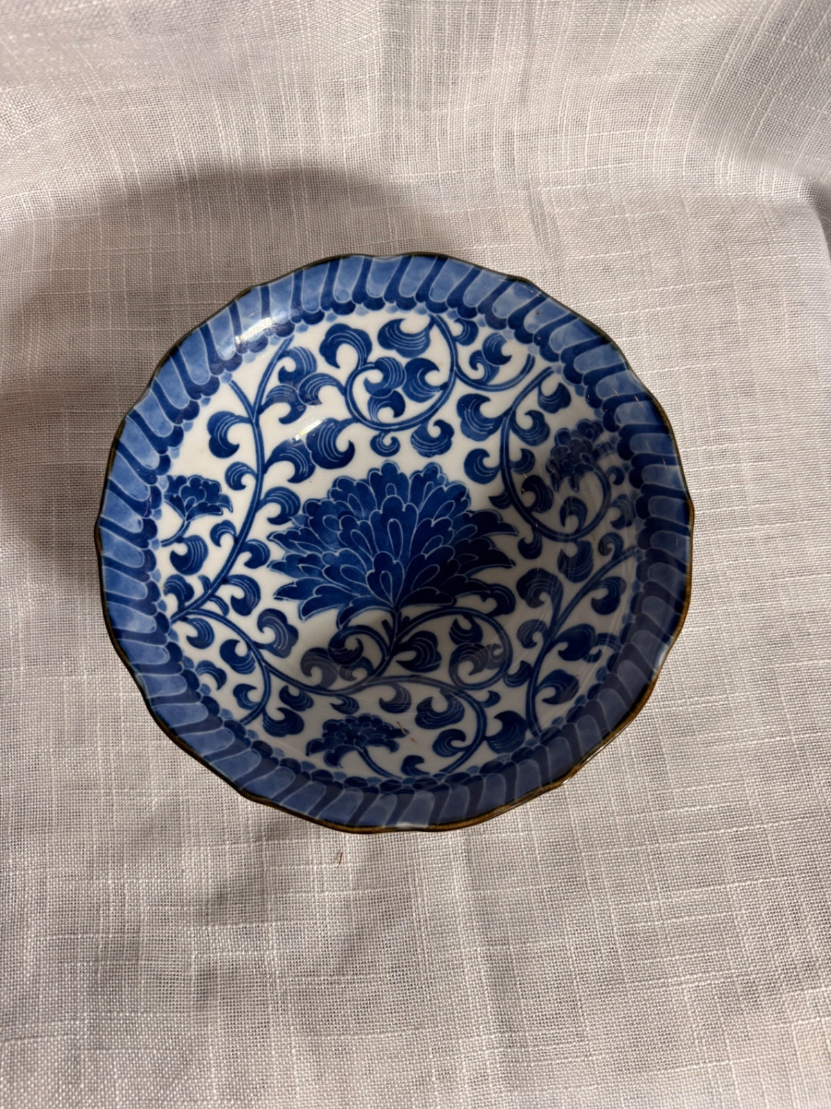 Vintage Japanese Blue & White Porcelain Scalloped Bowl | Arita Ware Peony & Karakusa Vine Dish