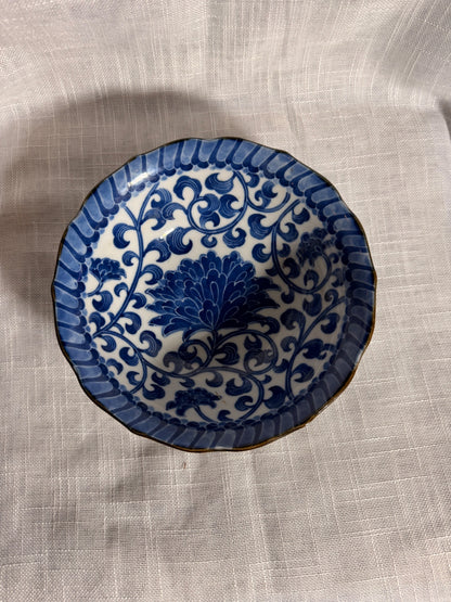 Vintage Japanese Blue & White Porcelain Scalloped Bowl | Arita Ware Peony & Karakusa Vine Dish