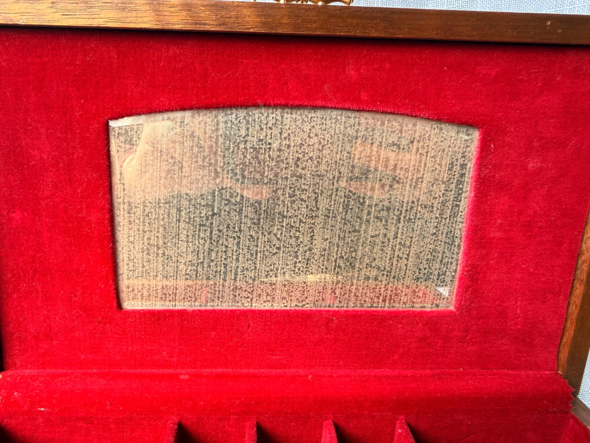 Vintage 1971 Made in Japan Wooden Jewelry Box | Ribbed Tambour Top & Red Velvet Interior