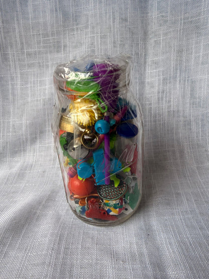 Vintage Toys & Game Pieces "Junk Drawer" Lot | Miniature Charms & Dice in Ball Mason Jar