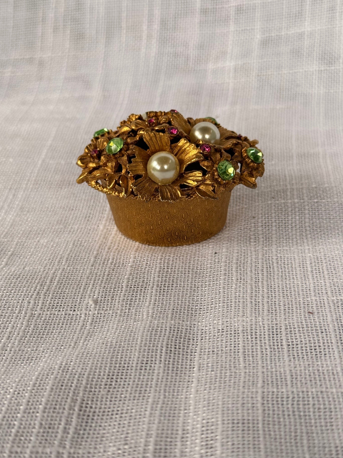 Vintage Florenza Figural Floral Bouquet Thimble & Holder Set | Gold-Tone Rhinestone & Faux Pearl