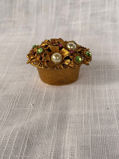 Vintage Florenza Figural Floral Bouquet Thimble & Holder Set | Gold-Tone Rhinestone & Faux Pearl