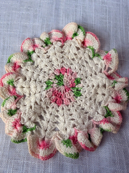 Vintage Hand-Crocheted Floral Doily | Pink & Green Ruffled Rose Motif Coaster