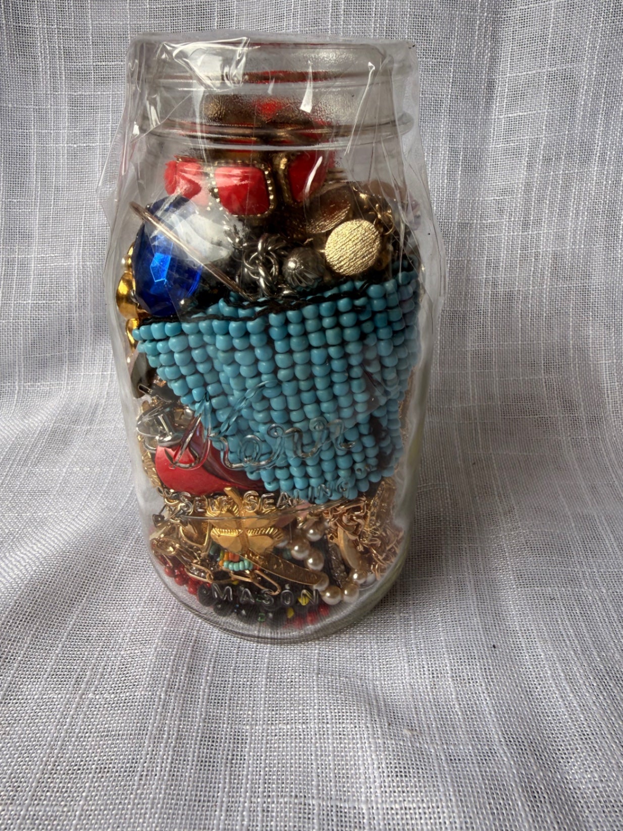Vintage Costume Jewelry "Junk Drawer" Lot | Charms, Beads & Brooches in Kerr Mason Jar