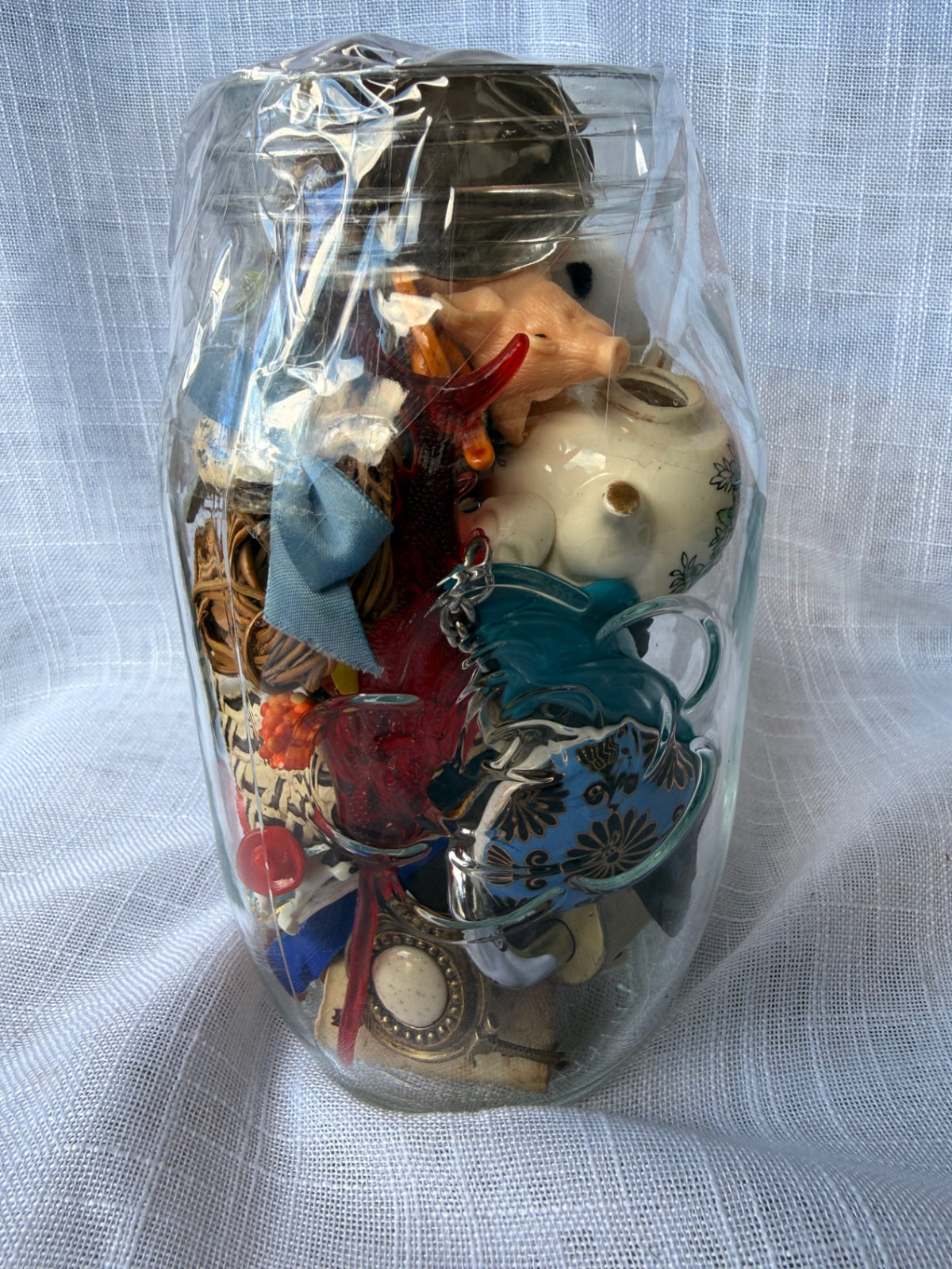 Vintage Miniature & Ephemera "Junk Drawer" Lot | Dollhouse Accessories & Trinkets in Glass Jar