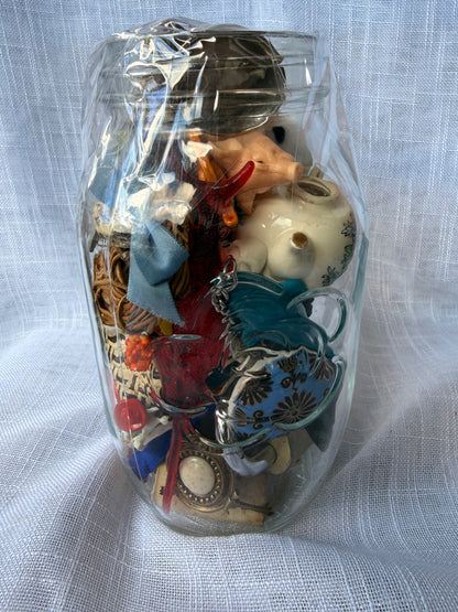 Vintage Miniature & Ephemera "Junk Drawer" Lot | Dollhouse Accessories & Trinkets in Glass Jar