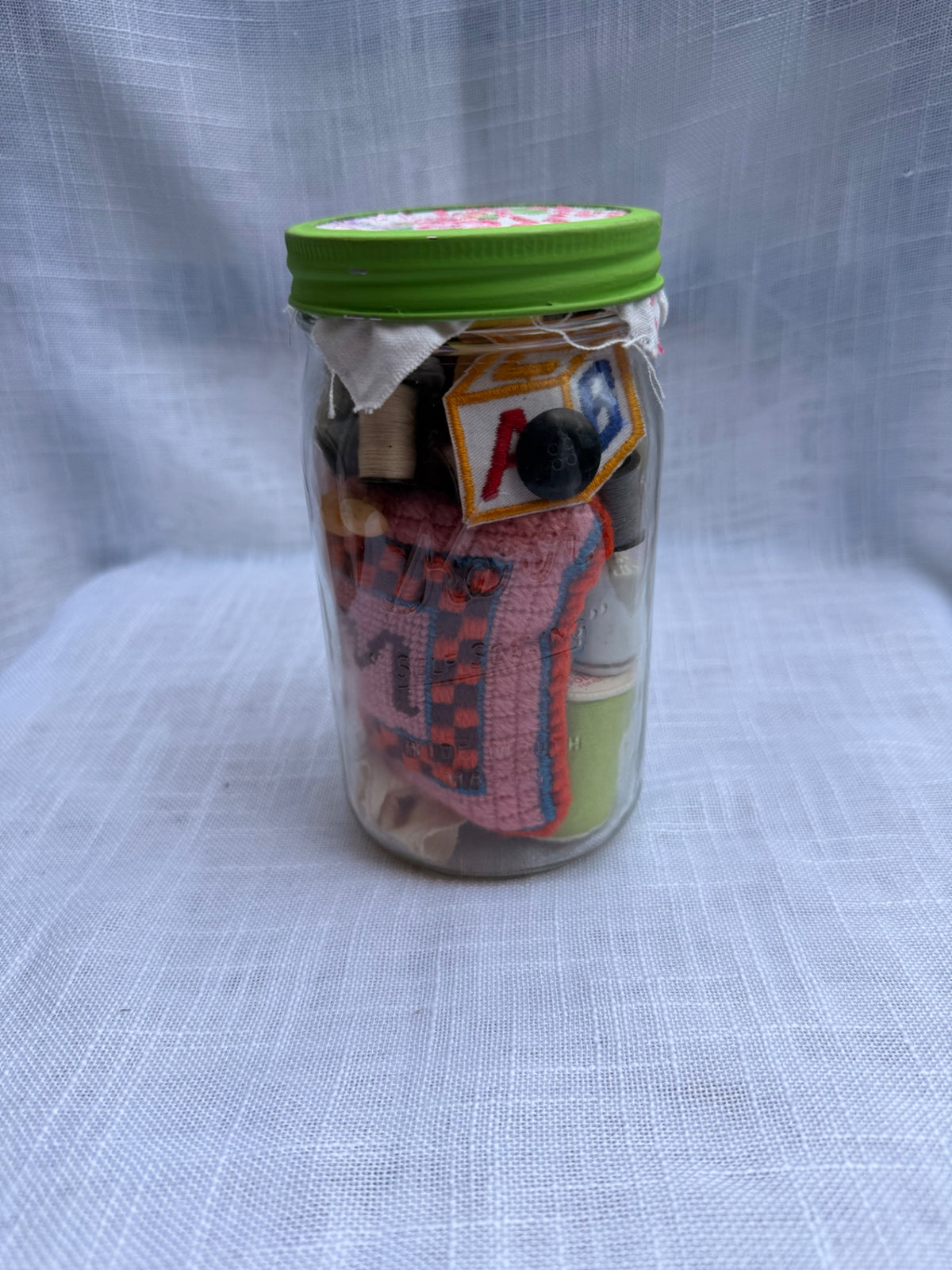 Vintage Sewing Notions & Ephemera Jar | Wooden Clothespins, Thread & Sampler w/ Cross-Stitch Lid