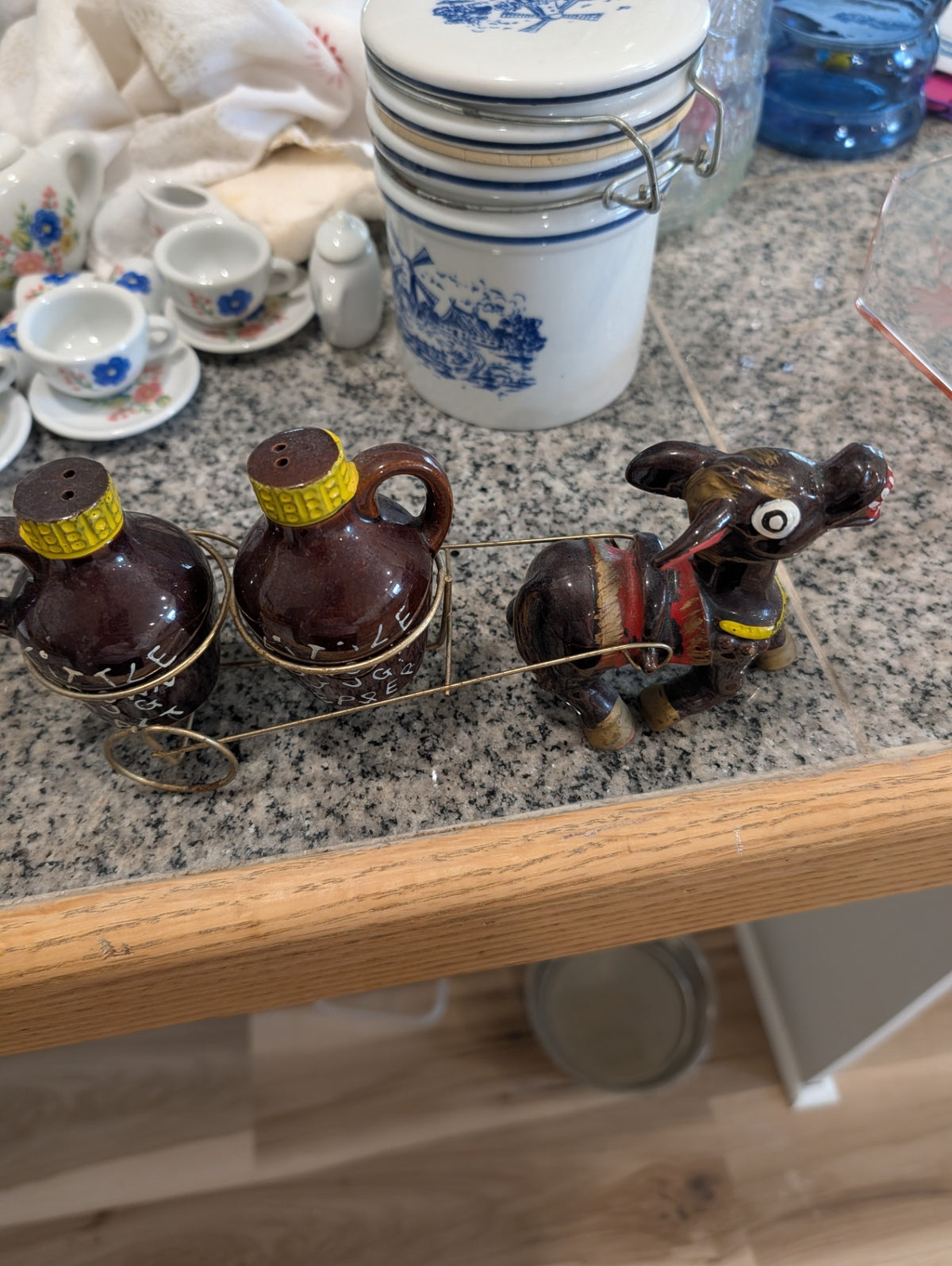 Cute Mid-Century Little Brown Jug Salt and Pepper Shakers with Donkey Cart
