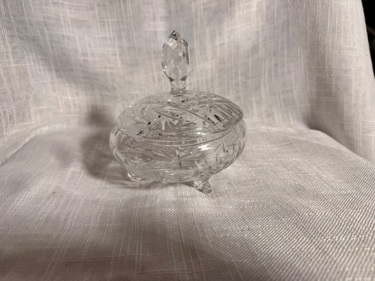 Vintage Clear Pressed Glass Lidded Candy Dish | 3-Footed Pinwheel Star Trinket Box