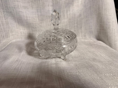 Vintage Clear Pressed Glass Lidded Candy Dish | 3-Footed Pinwheel Star Trinket Box