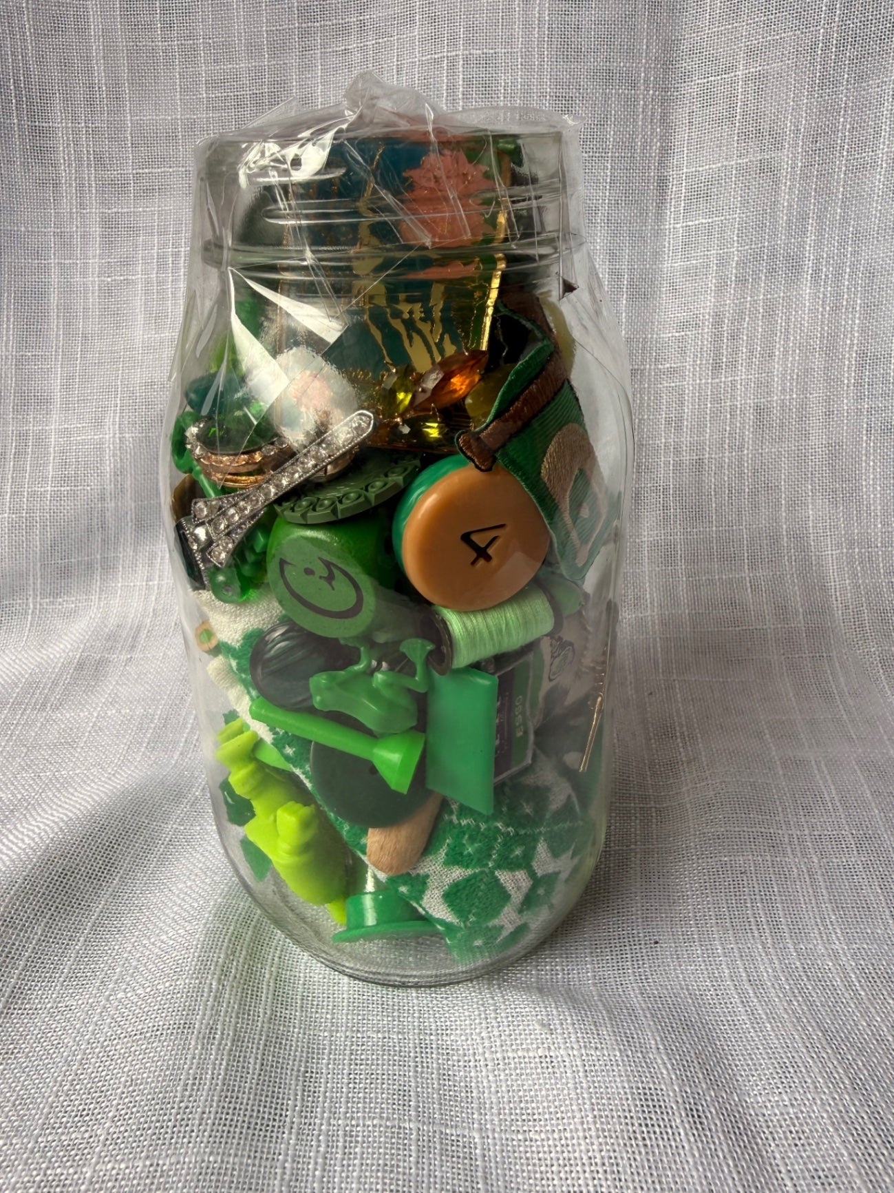 Vintage Green "Junk Drawer" Ephemera & Craft Lot | Novelty Charms & Trinkets in Kerr Mason Jar