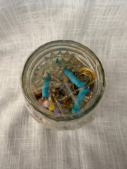 Vintage Costume Jewelry "Junk Drawer" Lot | Rhinestone Brooches & Beads in Kerr Mason Jar