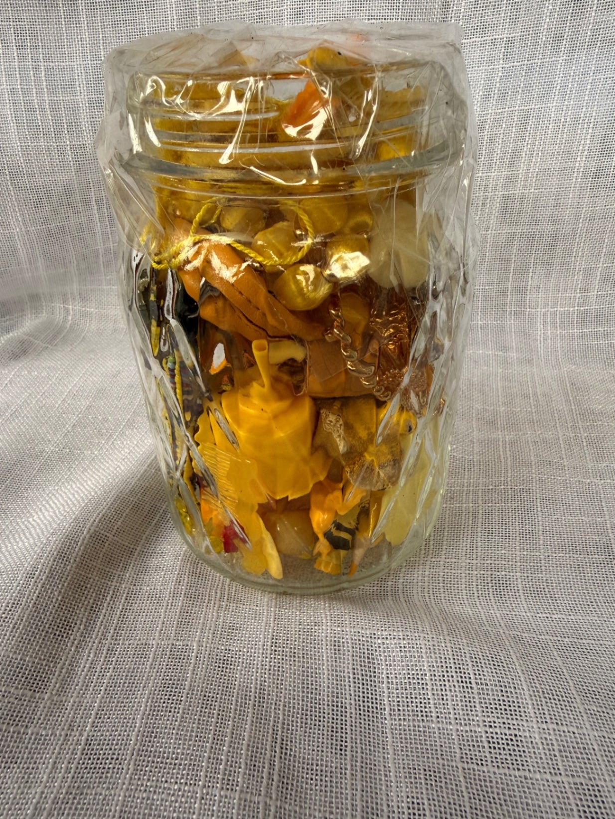 Yellow "Junk Drawer" Craft Lot | Vintage & Modern Mixed Ephemera in Quilted Glass Jar
