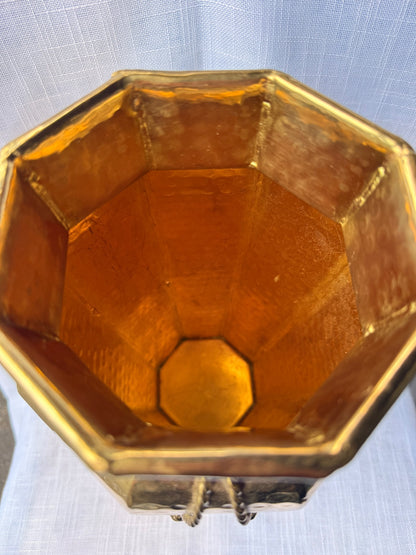 Vintage Hammered Brass Octagonal Vase | 1970s-1980s Made in India Faceted Urn w/ Rope Detail
