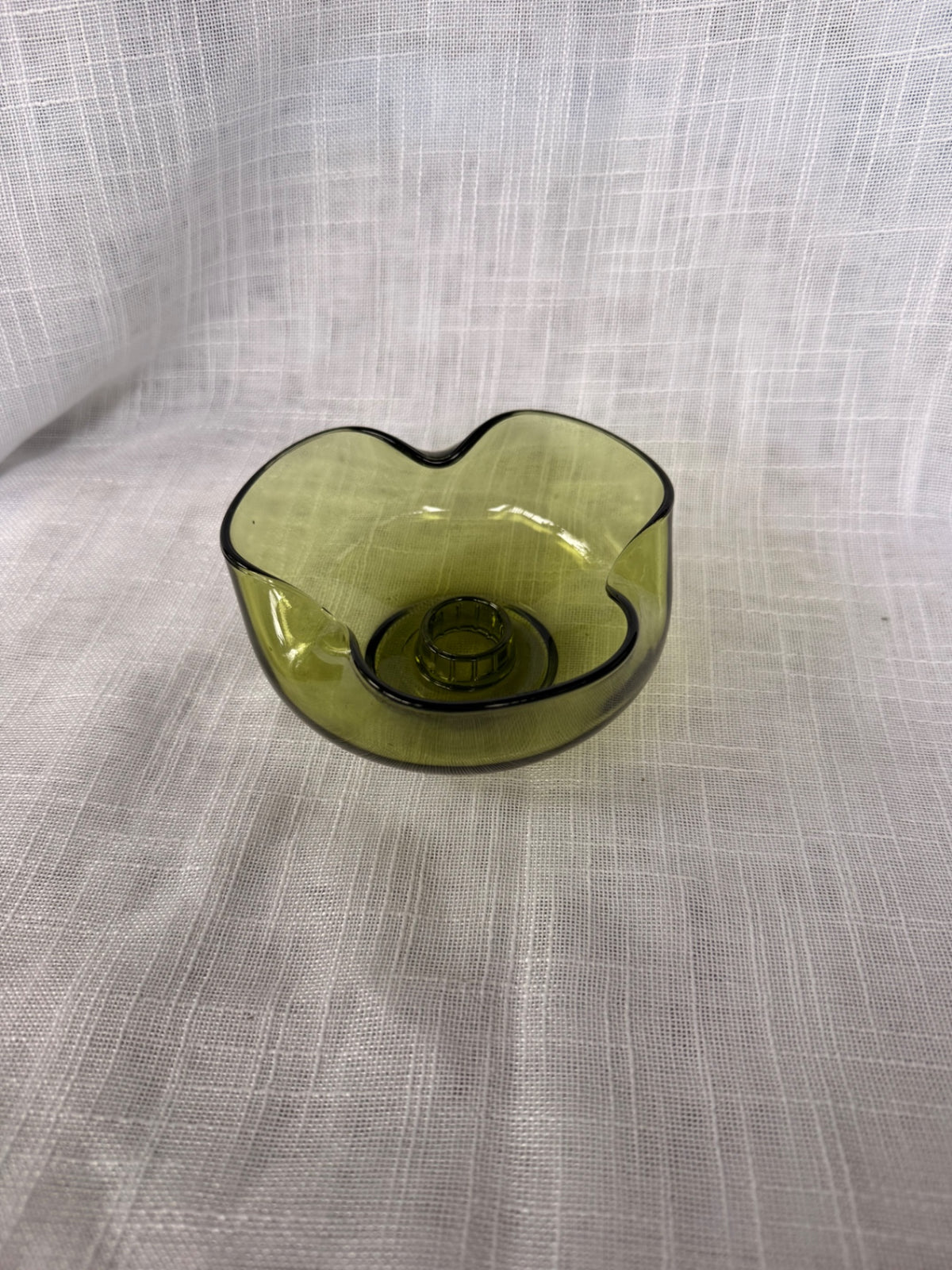 Mid-Century Modern Olive Green Art Glass Candle Holder | Ruffled Hand-Blown Taper Base