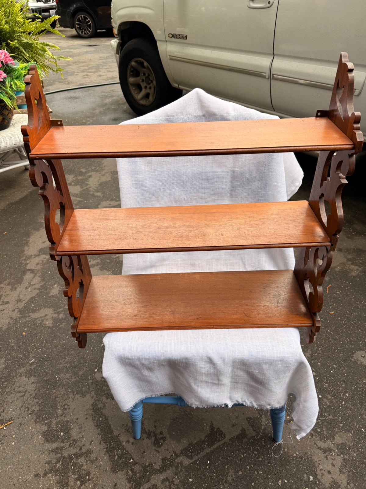 Vintage Wooden 3-Tier Wall Shelf | Mid-Century Carved Scrollwork Curio Etagere