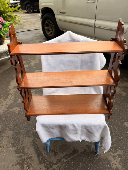Vintage Wooden 3-Tier Wall Shelf | Mid-Century Carved Scrollwork Curio Etagere