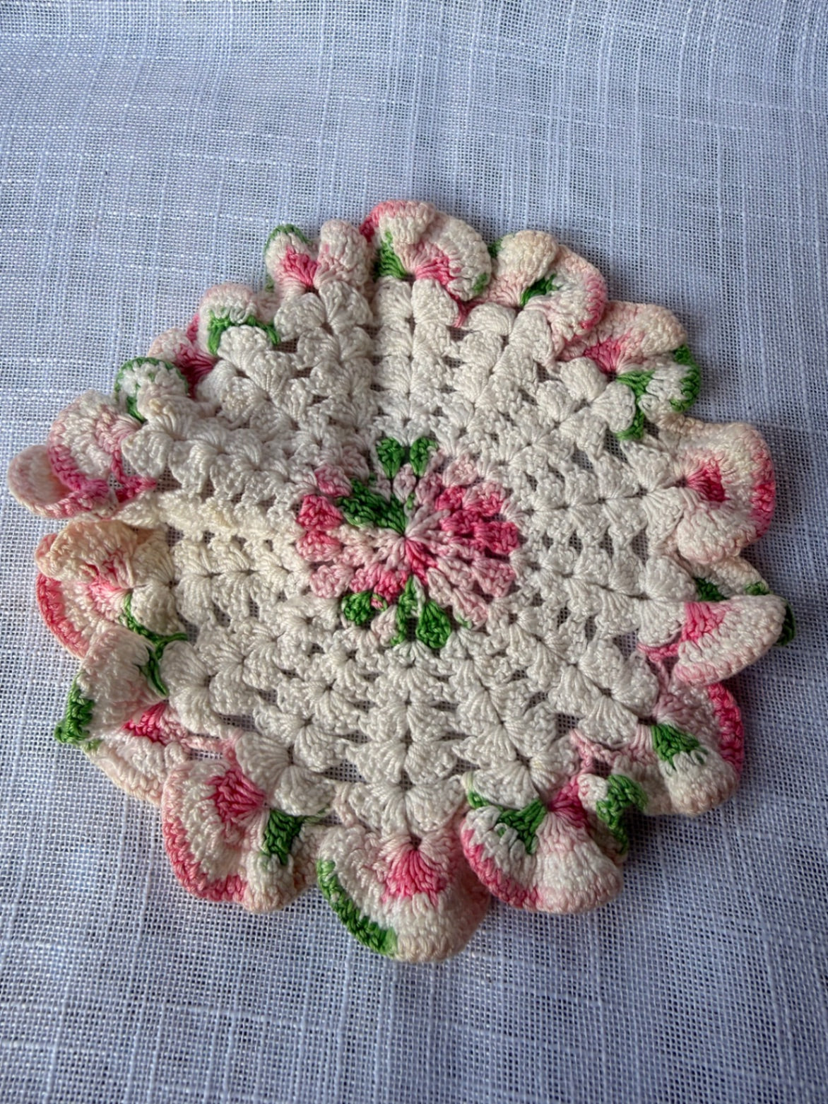 Vintage Hand-Crocheted Floral Doily | Pink & Green Ruffled Rose Motif Coaster