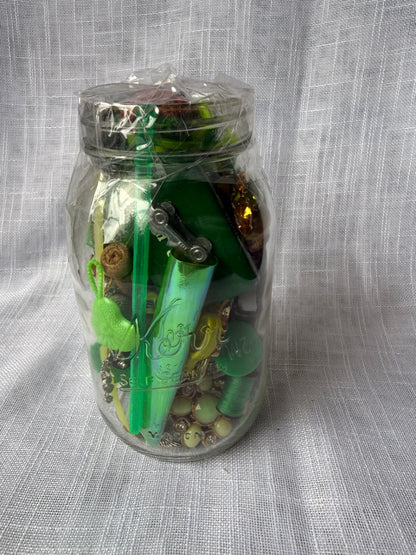 Vintage Green "Junk Drawer" Ephemera & Craft Lot | Novelty Charms & Trinkets in Kerr Mason Jar