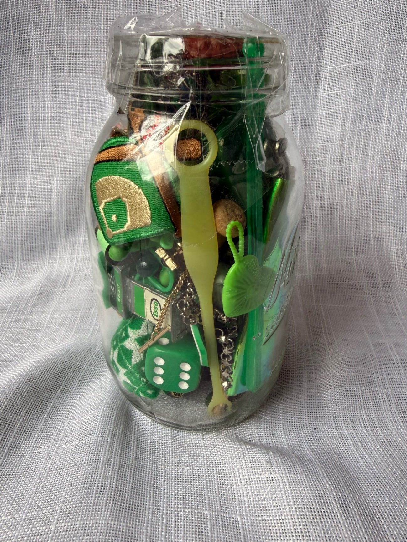 Vintage Green "Junk Drawer" Ephemera & Craft Lot | Novelty Charms & Trinkets in Kerr Mason Jar