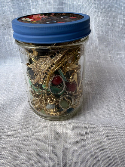 Vintage Costume Jewelry "Junk Drawer" Lot | Rhinestone Elephant & Brooches in Upcycled Cat Jar