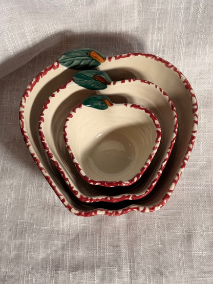 Set of 3 Ceramic Apple Shaped Nesting Bowls | Red Spongeware Country Kitchen Decor