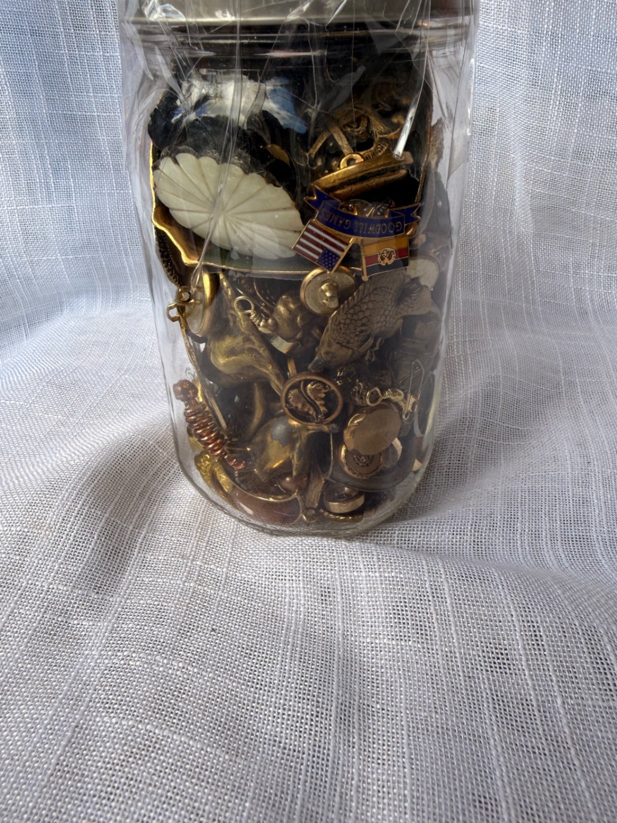 Vintage Brass & Metal "Junk Drawer" Ephemera Lot | 1944 FDR/Truman Pin in Ball Mason Jar