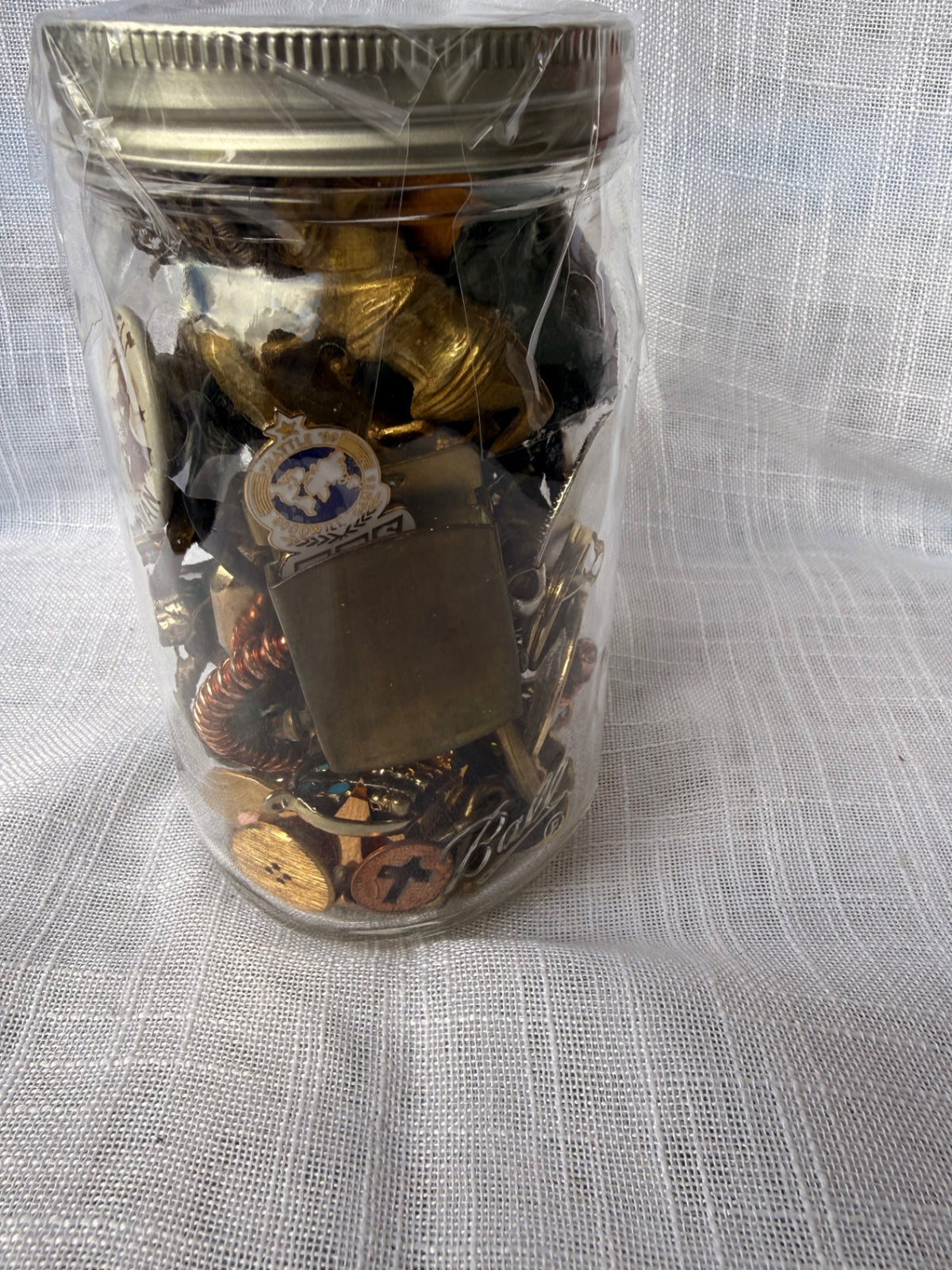 Vintage Brass & Metal "Junk Drawer" Ephemera Lot | 1944 FDR/Truman Pin in Ball Mason Jar