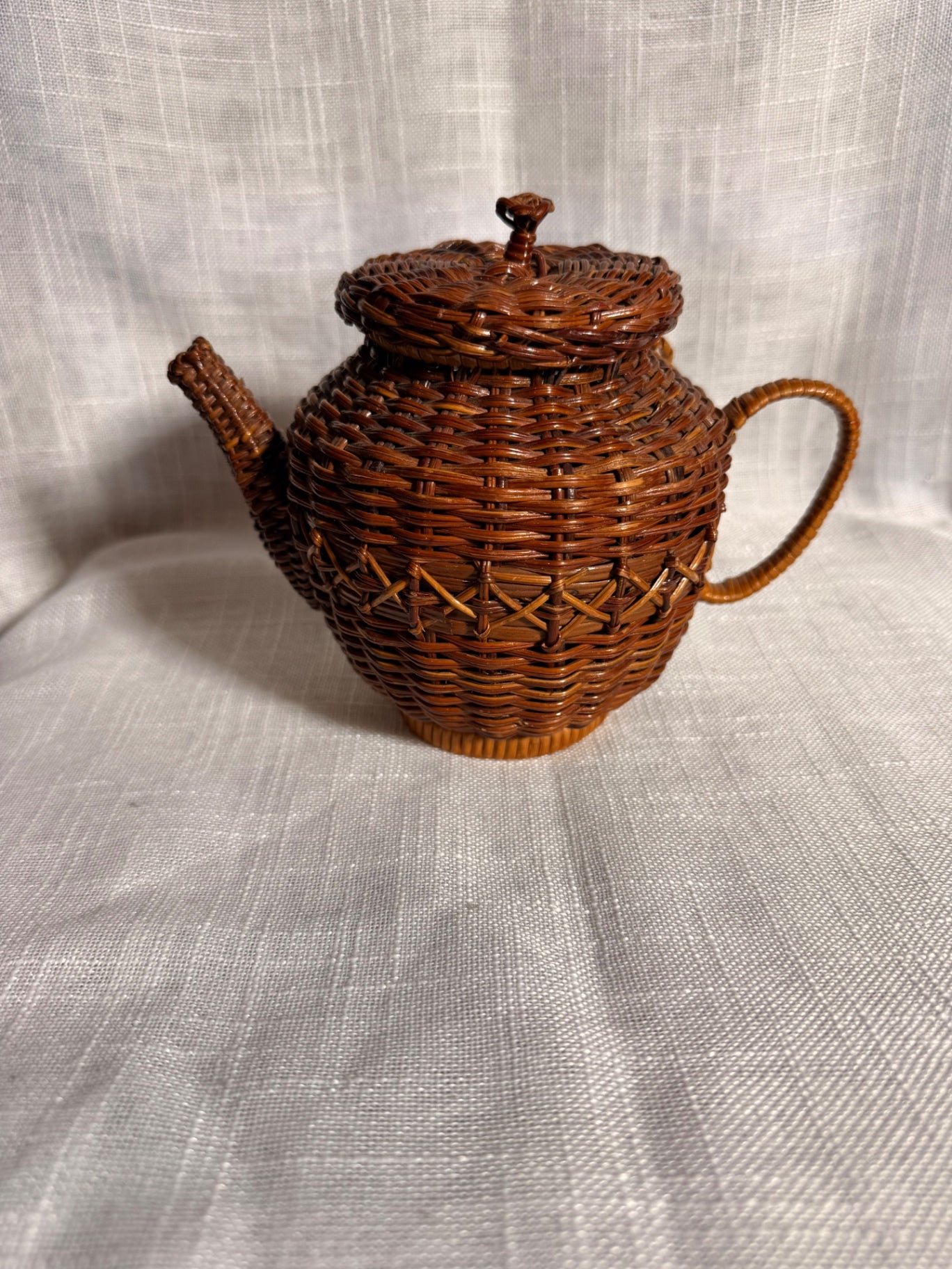 Vintage Woven Wicker Teapot Basket | Novelty Rattan Lidded Trinket Box Boho Decor