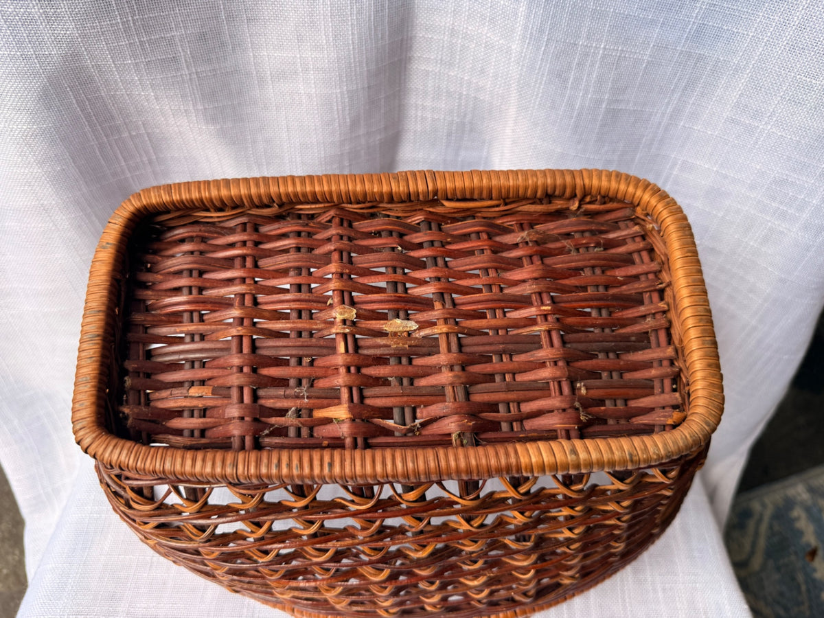 Vintage Oval Woven Wicker Gathering Basket | Two-Handle Rustic Market Basket