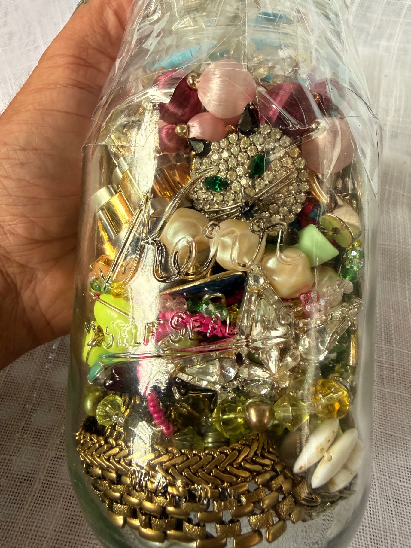 Vintage Costume Jewelry "Junk Drawer" Lot | Rhinestone Brooches & Beads in Kerr Mason Jar