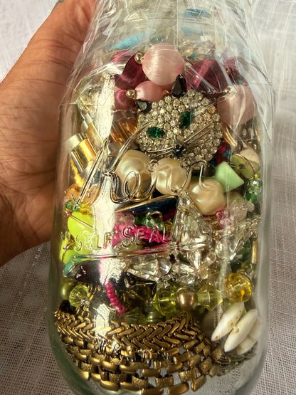 Vintage Costume Jewelry "Junk Drawer" Lot | Rhinestone Brooches & Beads in Kerr Mason Jar