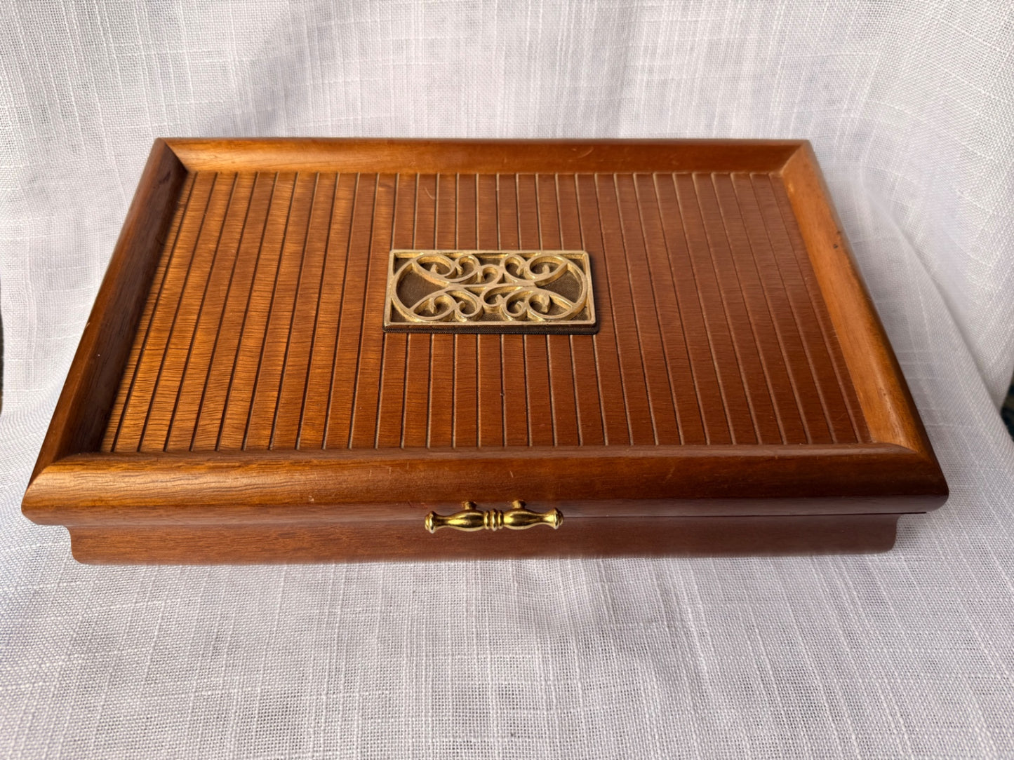 Vintage 1971 Made in Japan Wooden Jewelry Box | Ribbed Tambour Top & Red Velvet Interior