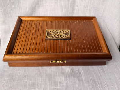 Vintage 1971 Made in Japan Wooden Jewelry Box | Ribbed Tambour Top & Red Velvet Interior