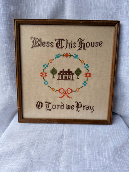 Vintage Framed Cross-Stitch Sampler "Bless This House" | 1970s Needlework in Bon Marché Custom Wood Frame