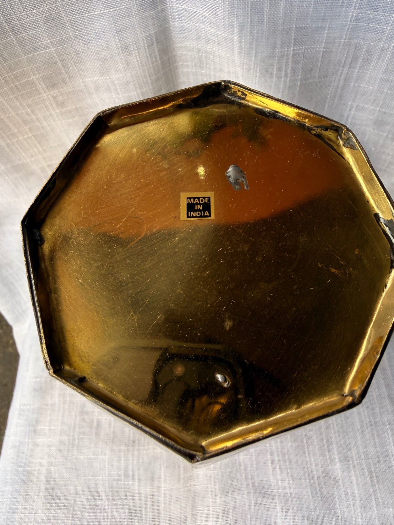 Vintage Hammered Brass Octagonal Vase | 1970s-1980s Made in India Faceted Urn w/ Rope Detail