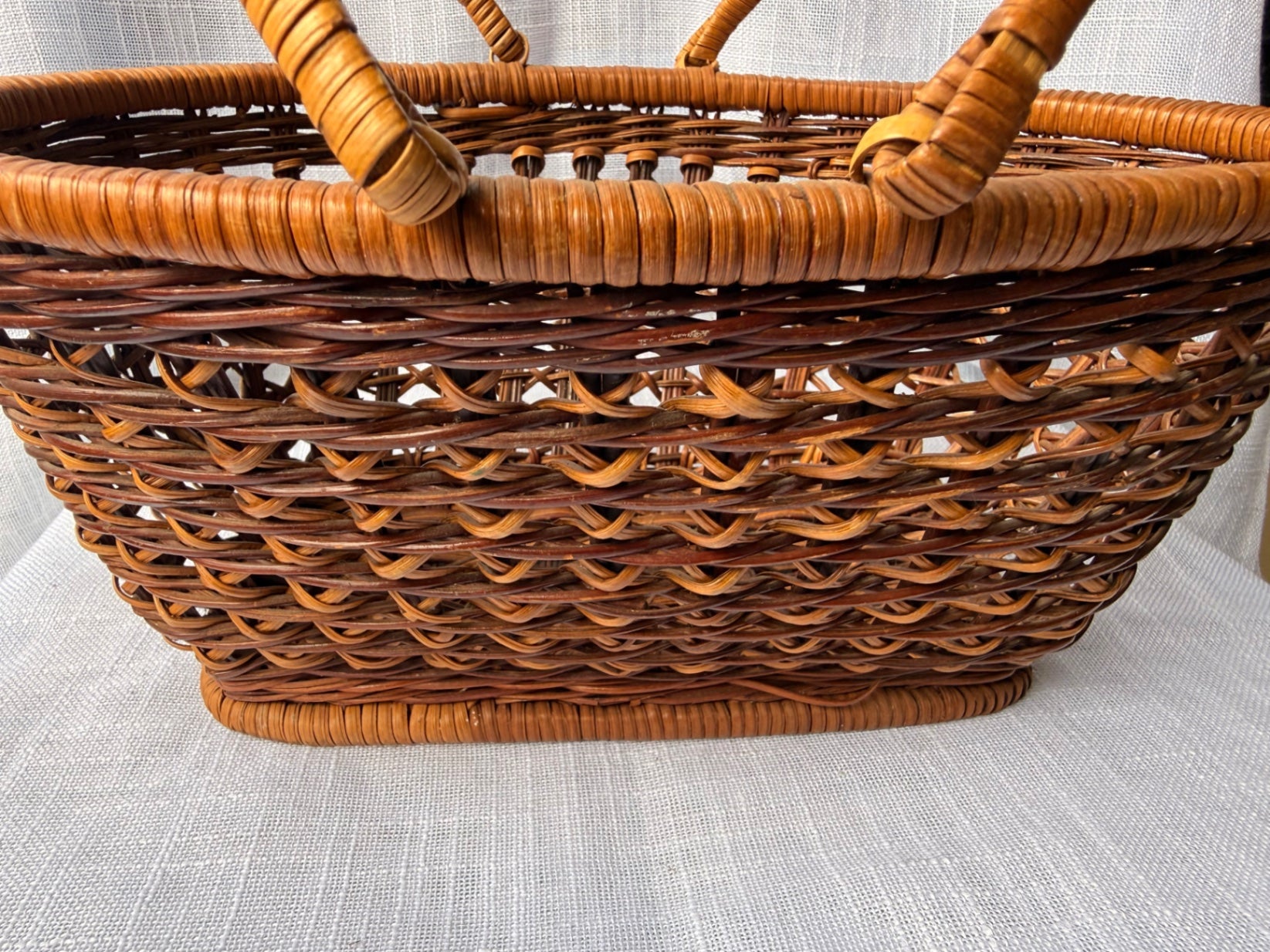 Vintage Oval Woven Wicker Gathering Basket | Two-Handle Rustic Market Basket