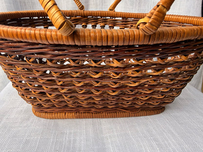 Vintage Oval Woven Wicker Gathering Basket | Two-Handle Rustic Market Basket