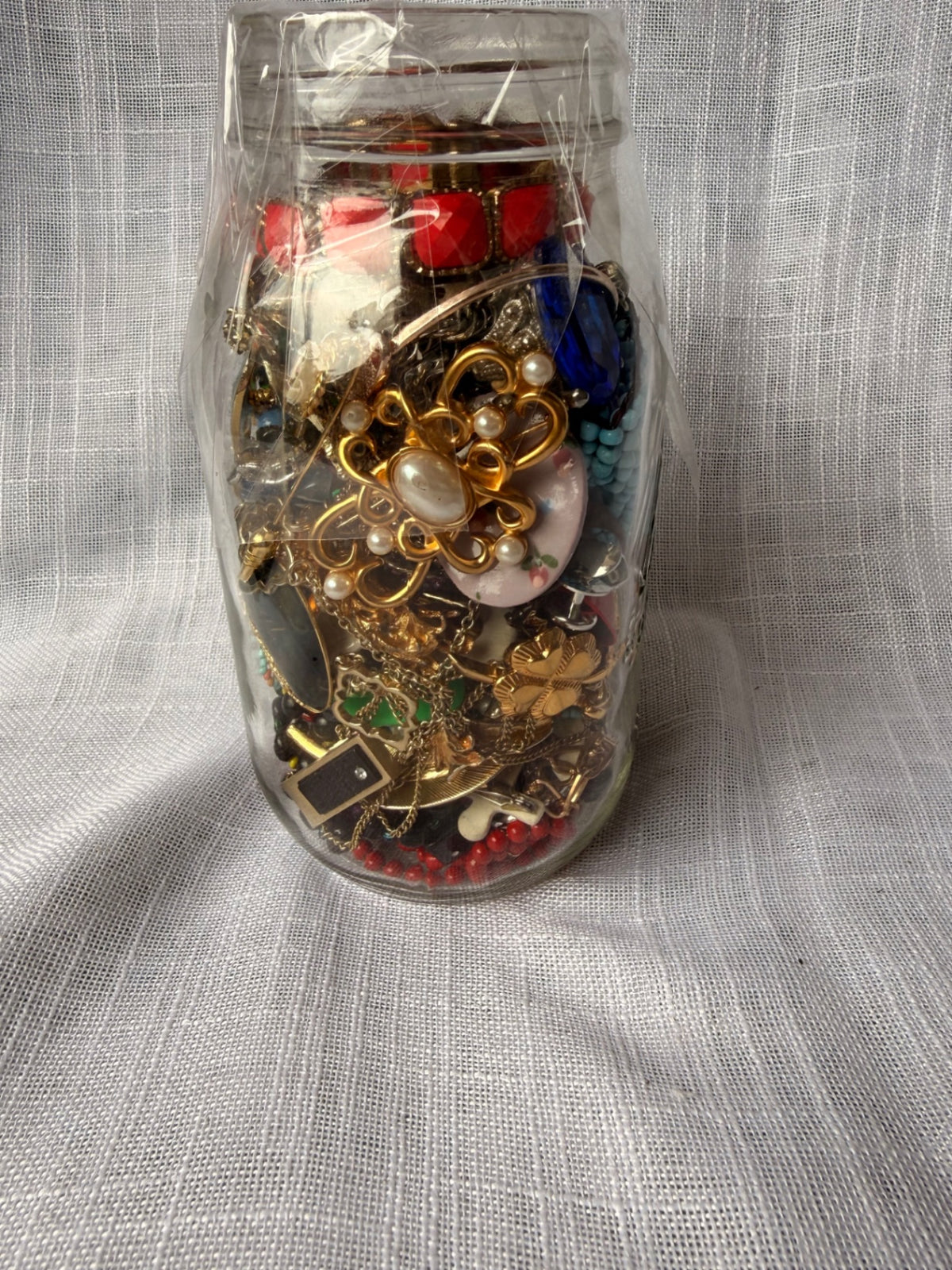 Vintage Costume Jewelry "Junk Drawer" Lot | Charms, Beads & Brooches in Kerr Mason Jar