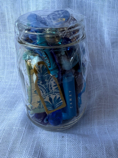 Vintage Blue "Junk Drawer" Ephemera & Craft Lot | Novelty Charms & Retro Trinkets in Kerr Mason Jar