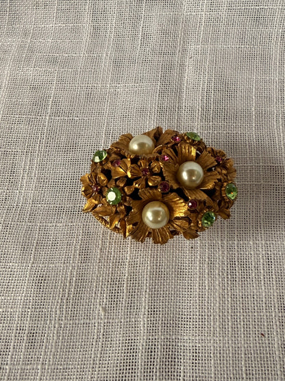 Vintage Florenza Figural Floral Bouquet Thimble & Holder Set | Gold-Tone Rhinestone & Faux Pearl