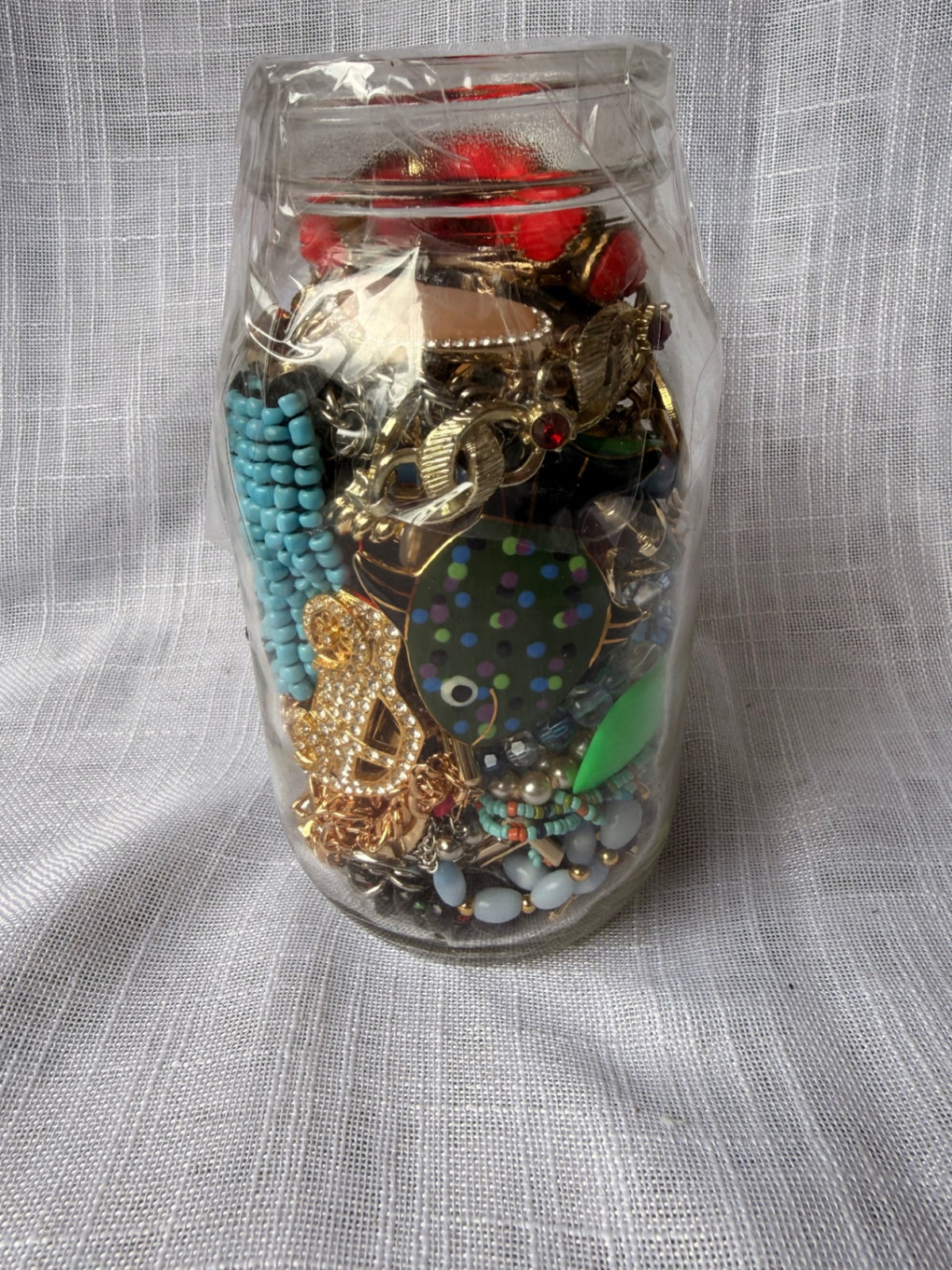 Vintage Costume Jewelry "Junk Drawer" Lot | Charms, Beads & Brooches in Kerr Mason Jar