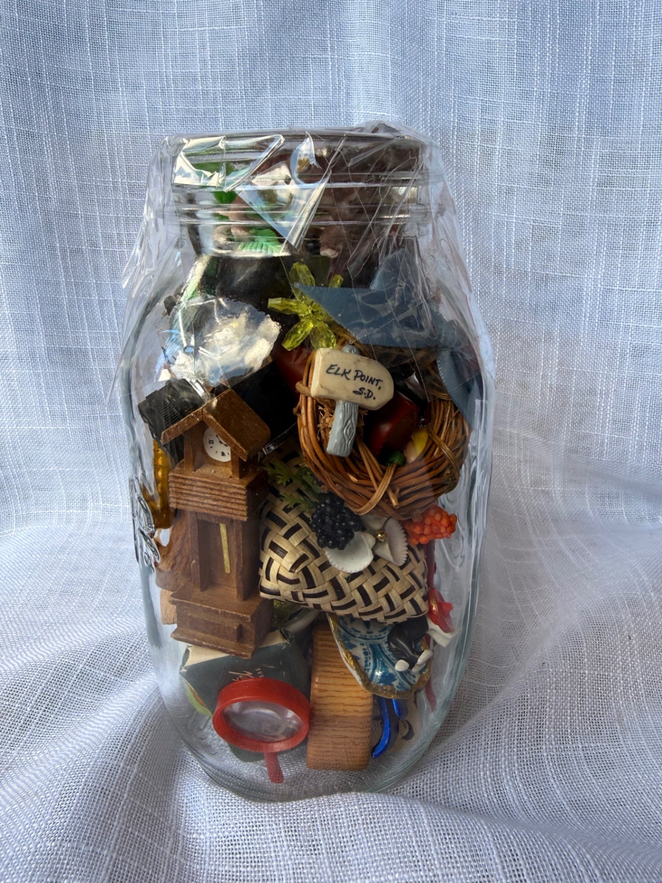 Vintage Miniature & Ephemera "Junk Drawer" Lot | Dollhouse Accessories & Trinkets in Glass Jar