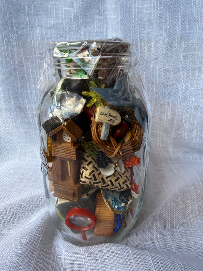 Vintage Miniature & Ephemera "Junk Drawer" Lot | Dollhouse Accessories & Trinkets in Glass Jar